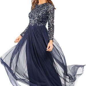 Maya Deluxe Women's Sequin Maxi Evening Gown Dress Long Sleeves Tulle Skirt Navy